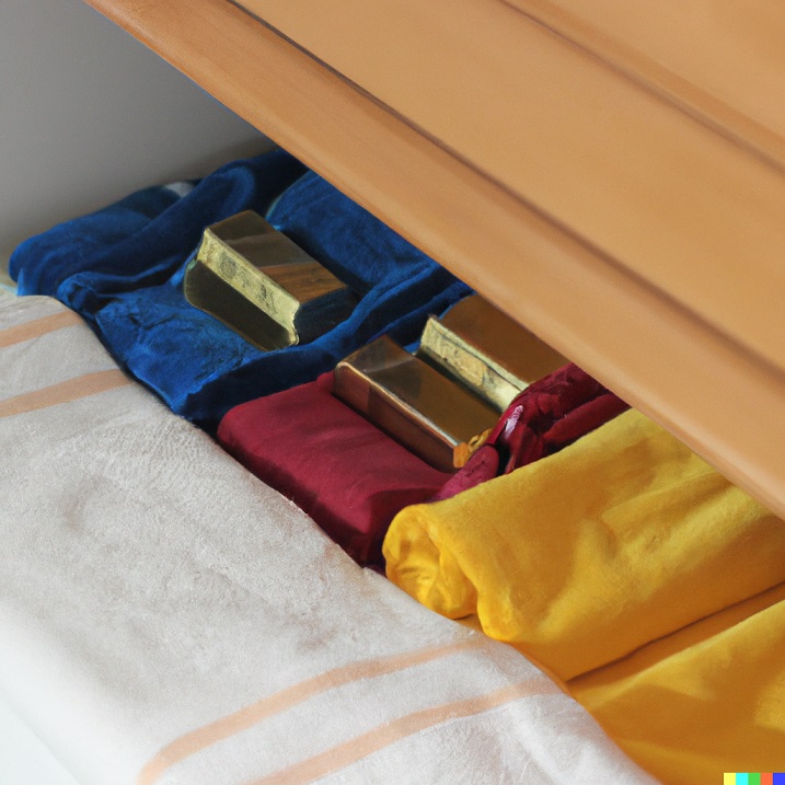 DALL·E 2023-03-23 15.14.34 - picture of goldbars in the linen cupboard beetwen beach towels